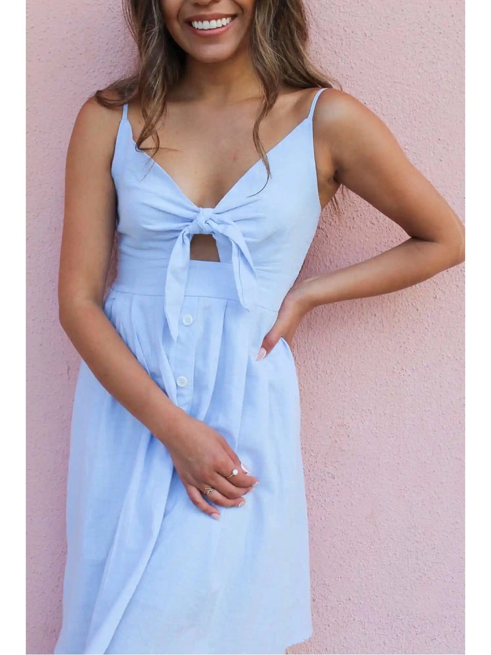 Light Blue Midi Tie-Front Spaghetti Strap Dress